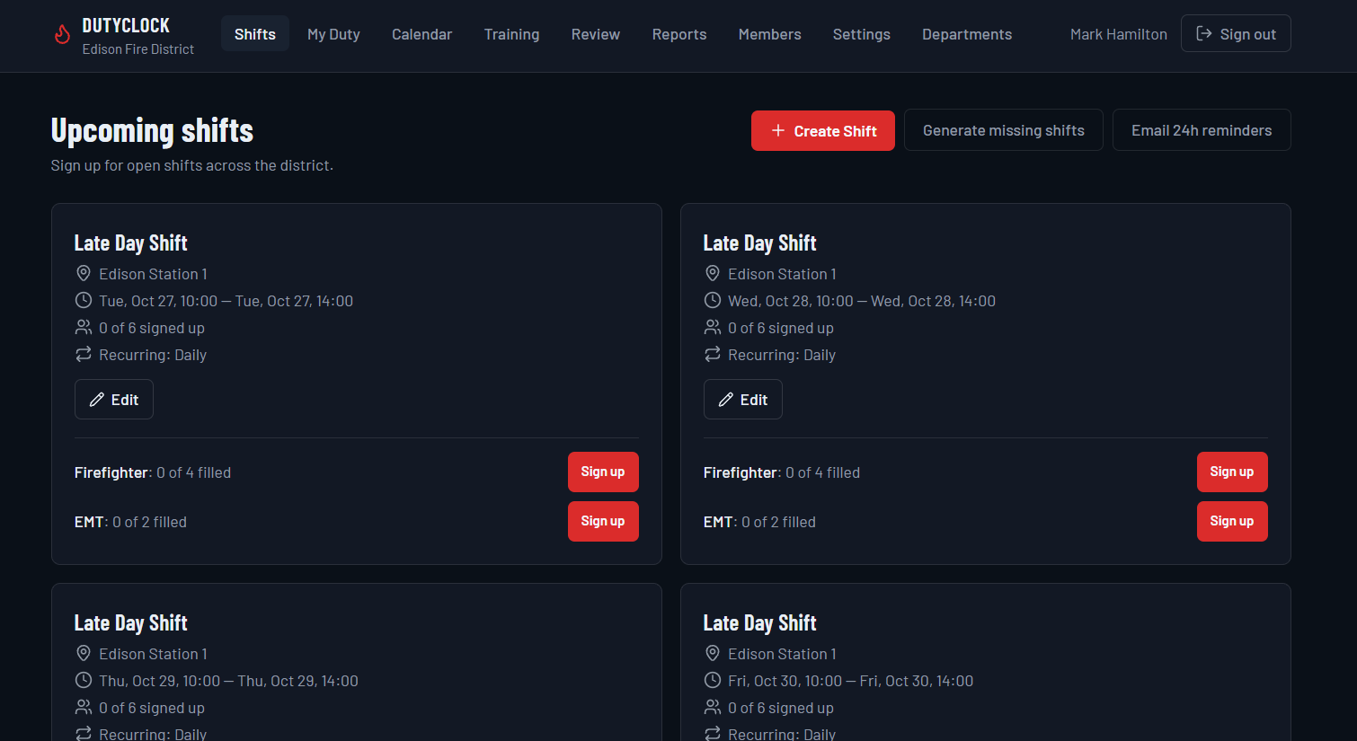 DutyClock upcoming shifts showing stations, recurring duty shifts, role requirements, and member signup.