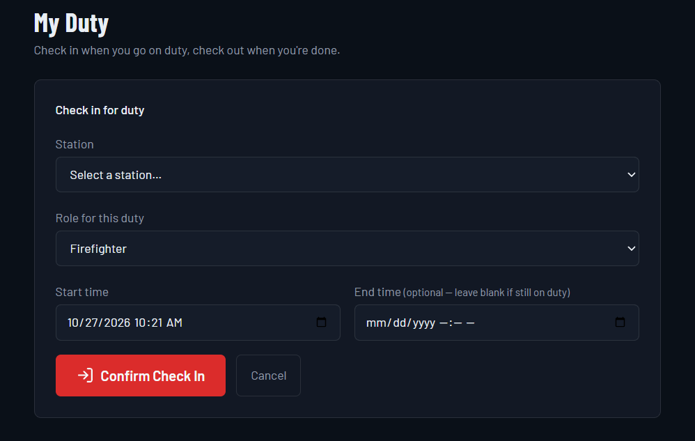 DutyClock duty check-in form with station, role, and start and end times.
