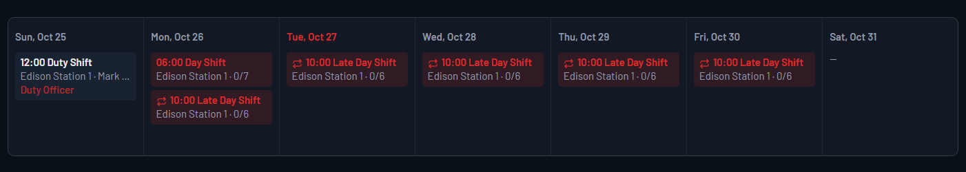 DutyClock weekly calendar showing duty shifts across the week.