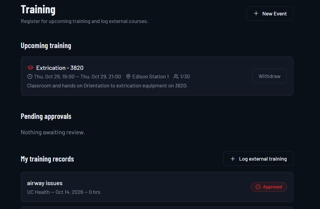 DutyClock training screen with upcoming events, registration, external training, and records.