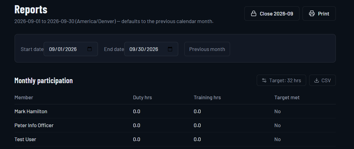 DutyClock monthly participation report with duty hours, training hours, date filters, and CSV export.